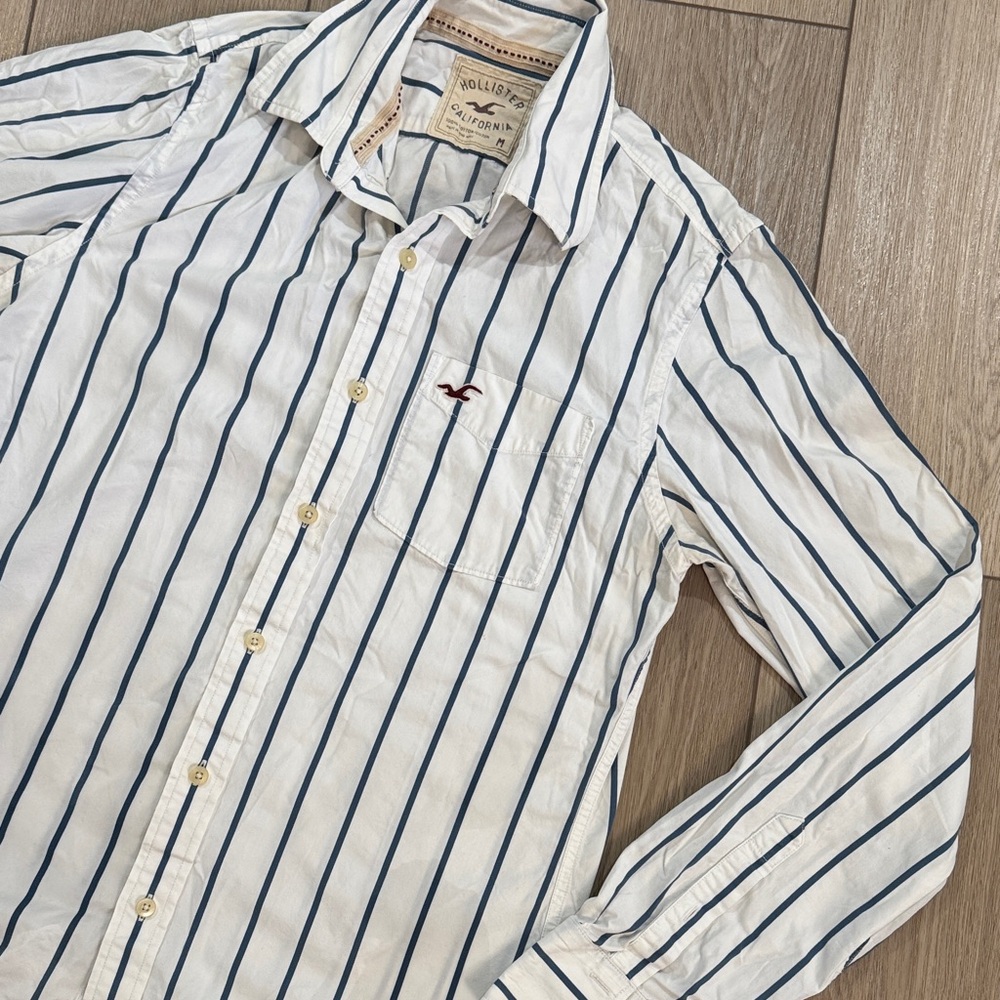 Y2k Hollister Long Sleeve Button Down Stripe Shirt Sz M Blue White Logo Preppy